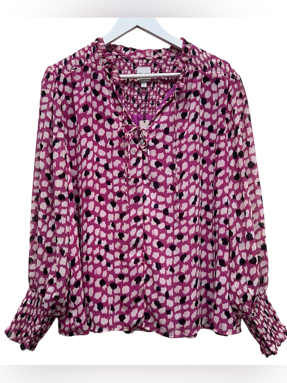 Nic + Zoe Women's New Pink Black Polka Dot Blouse Shirt Boho Cottagecore L NWT
